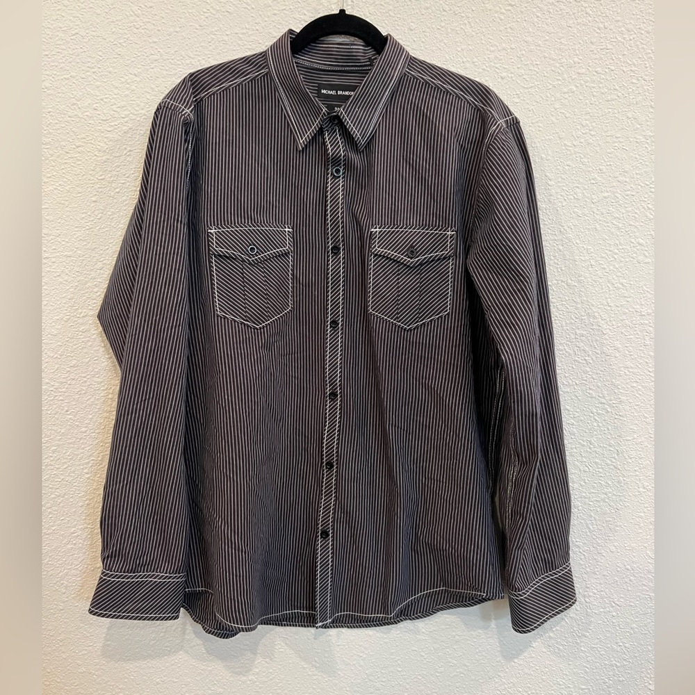Michael Brandon Long Sleeves Charcoal w/ White Strips Button Down Shirt Sz XL